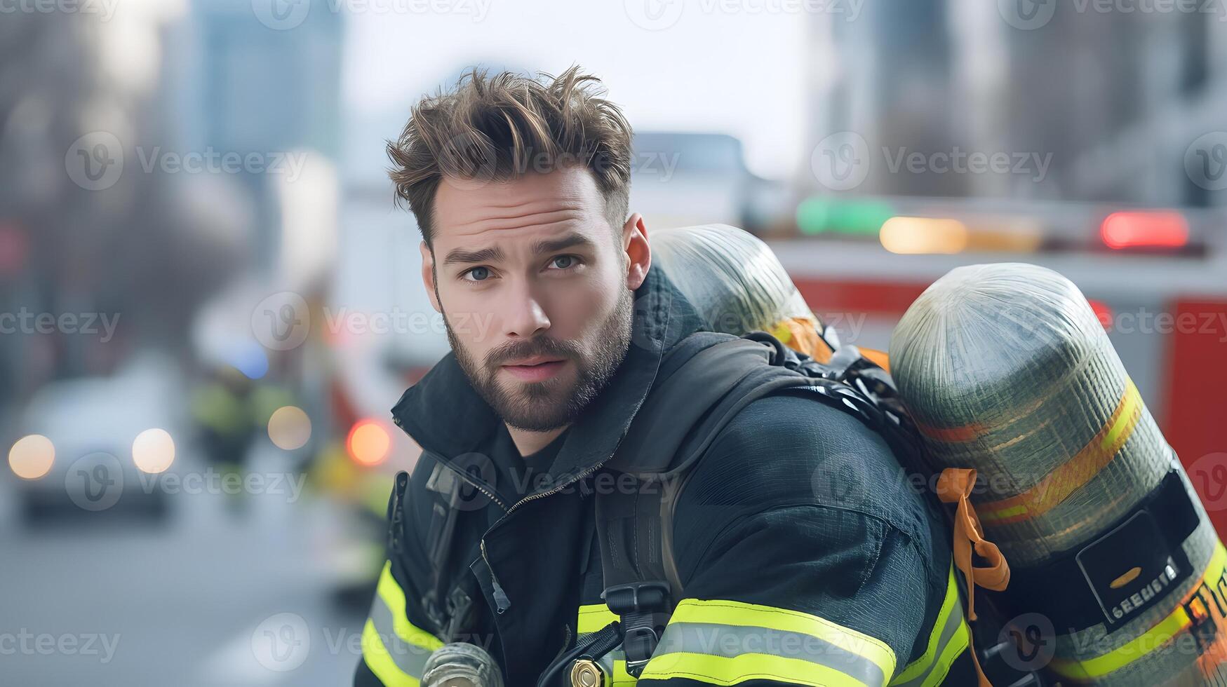 A firefighter in uniform rushes down a city street carrying essential equipment to respond to an urgent emergency call photo