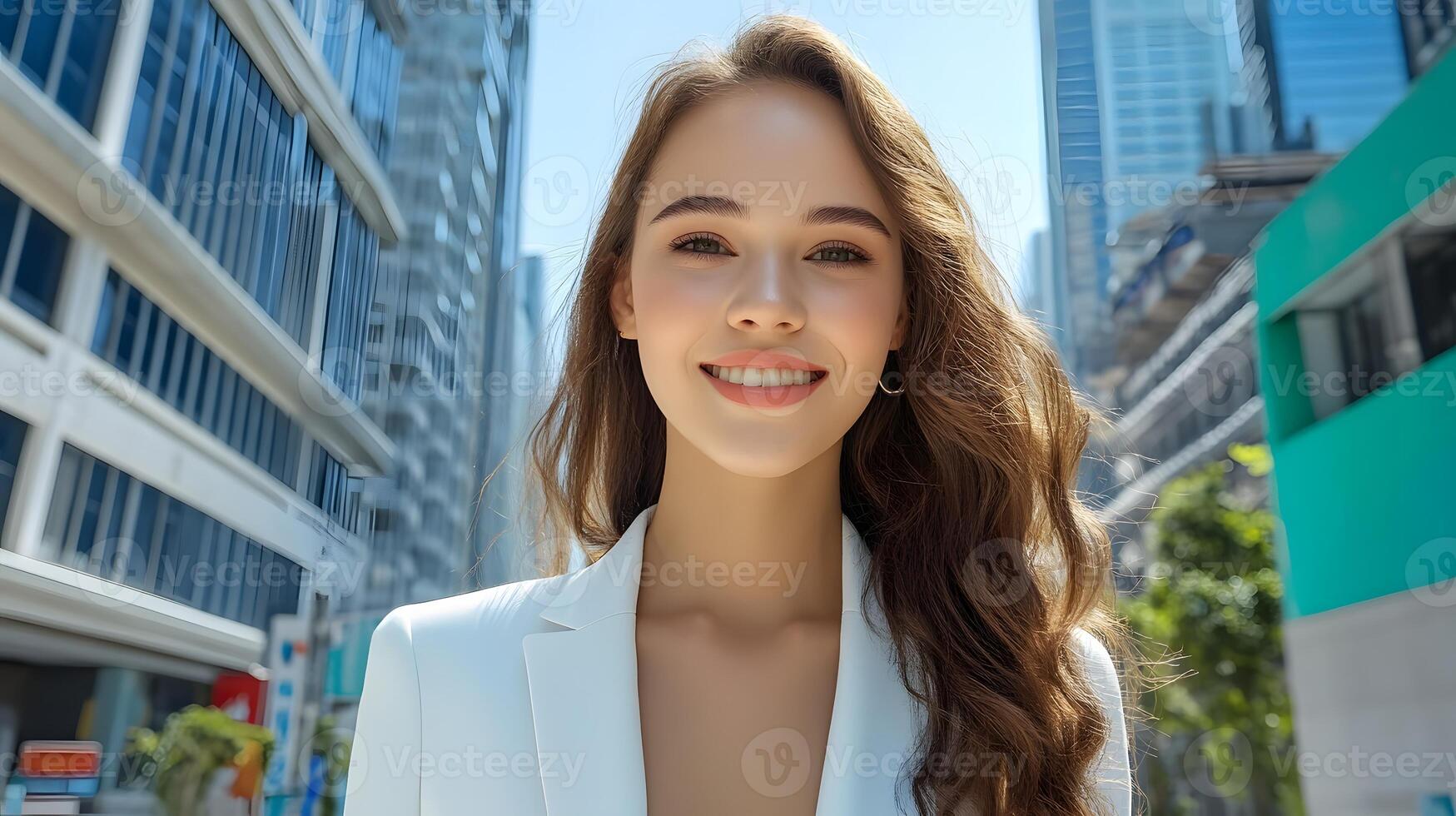 A confident and stylishly dressed woman strolls confidently through the streets of an urban city surrounded by modern high rise buildings photo
