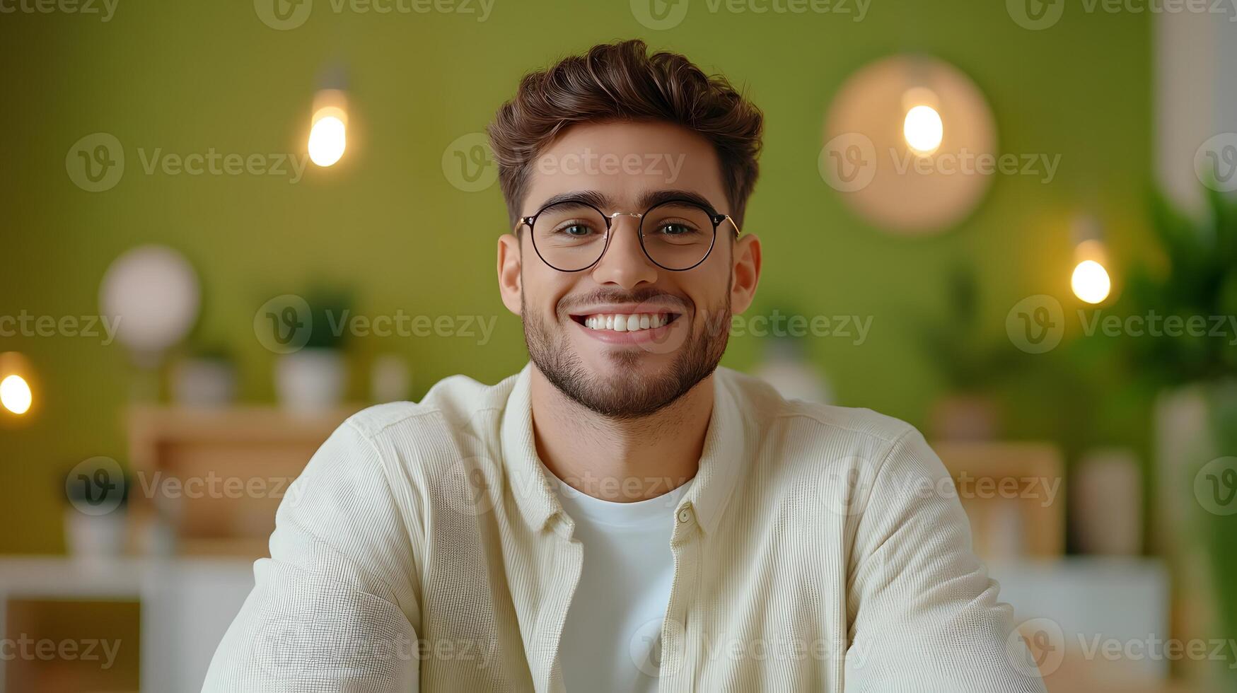 A confident and relaxed young man working remotely on a laptop in a modern cozy home office setting photo