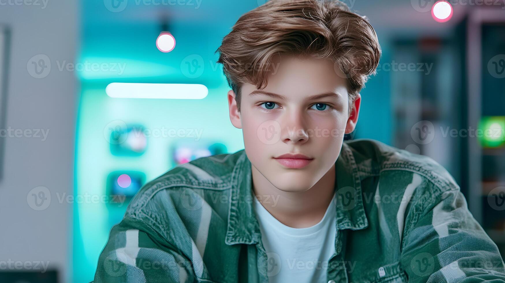 A focused young male gamer immersed in a game surrounded by vibrant neon lighting in a modern technology filled environment photo