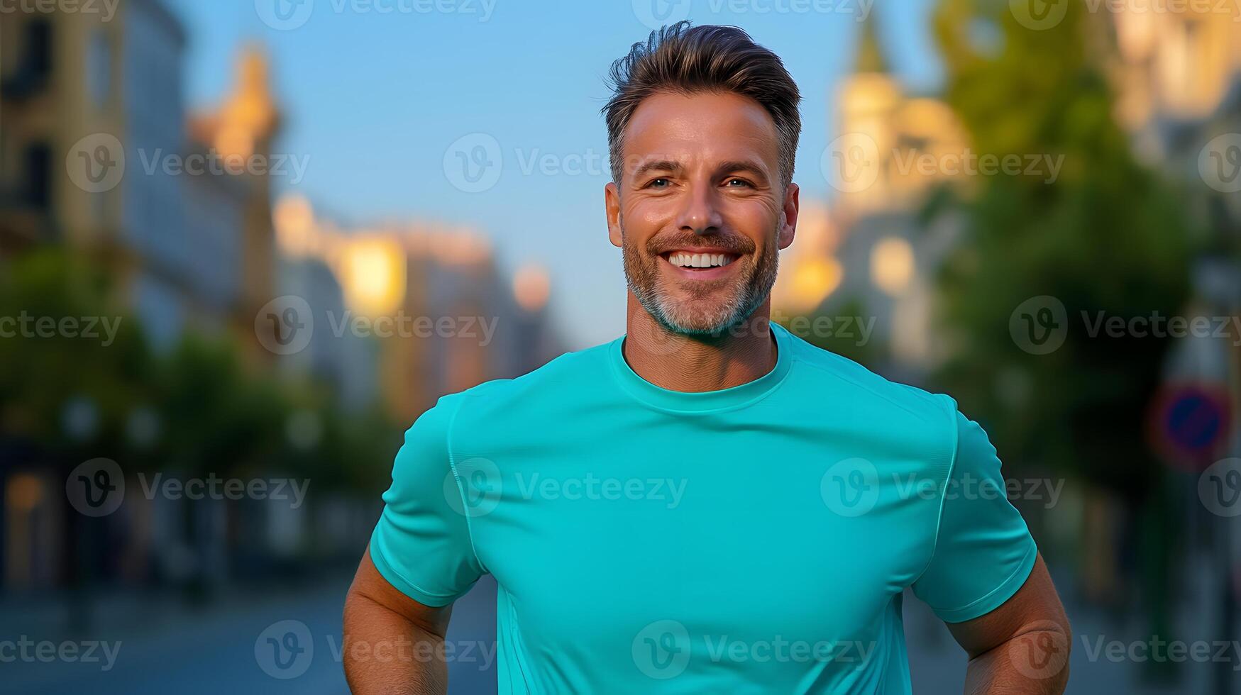 A fit smiling man dressed in activewear jogs through a vibrant urban landscape surrounded by buildings and city infrastructure during a pleasant morning photo