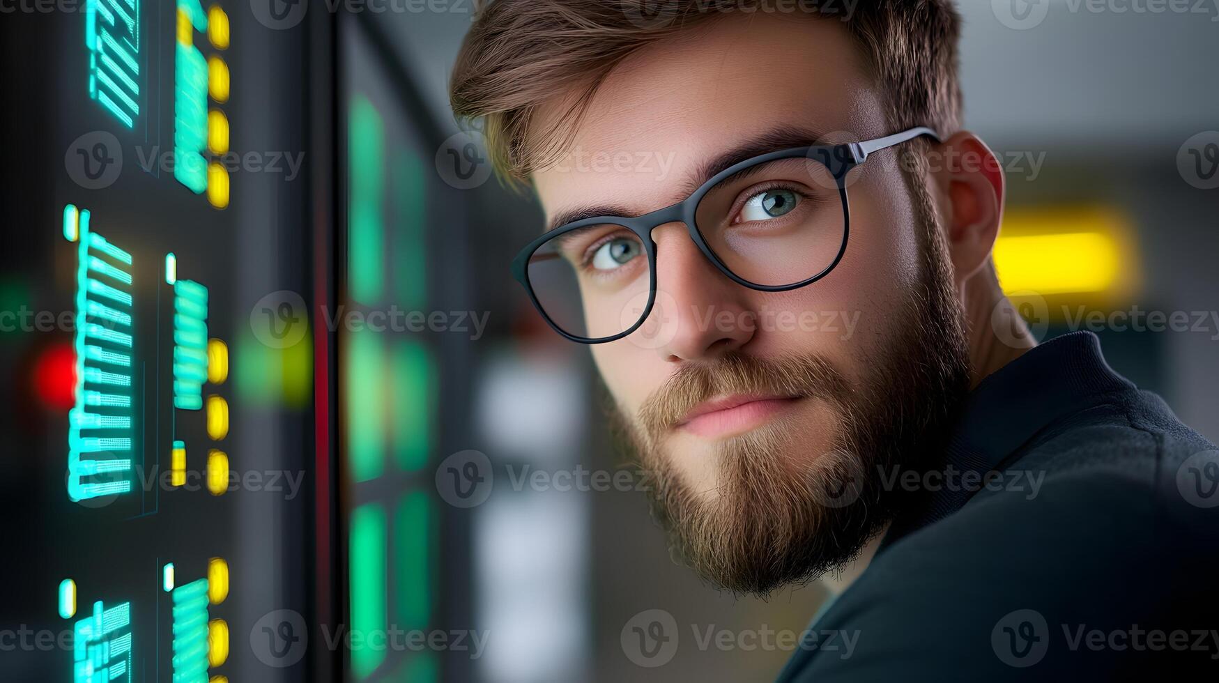 A focused cybersecurity specialist reviewing data and system information on a multi screen computer setup in a professional workspace photo