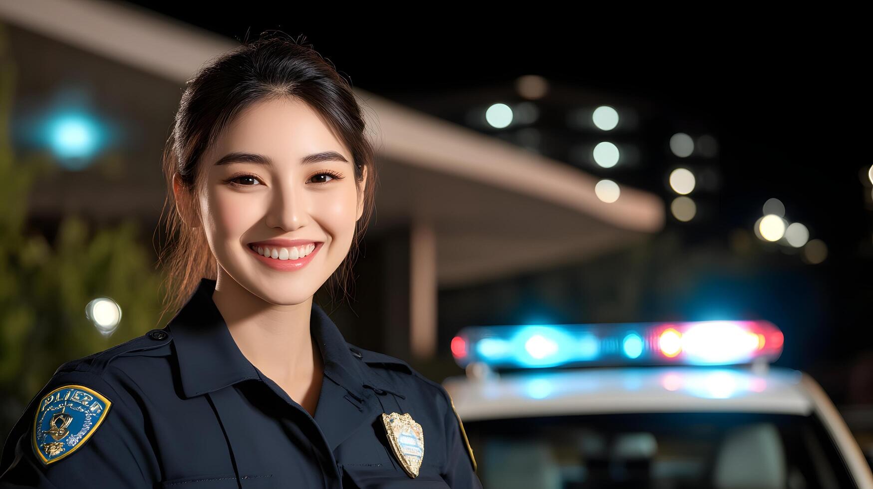 A smiling female police officer in uniform standing next to a police patrol car at night in an urban setting conveying a sense of service and public safety photo