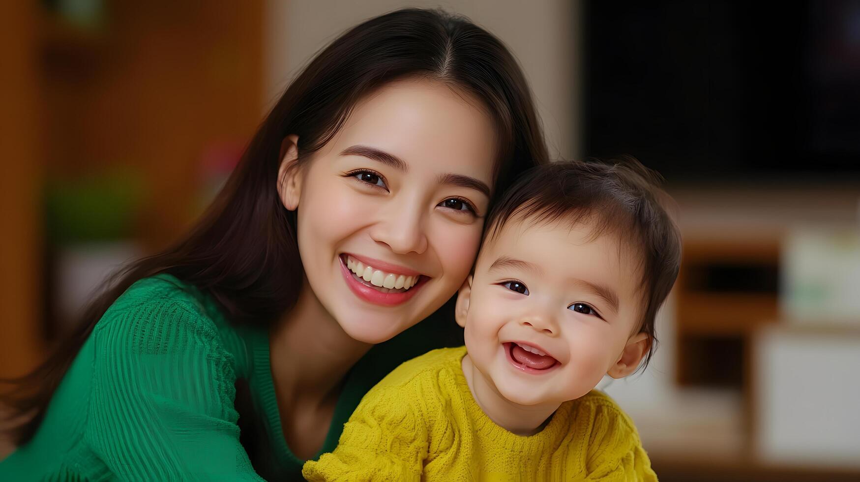 A smiling mother embracing her young child affectionately while they share a joyful moment together in the cozy warm setting of their living room photo