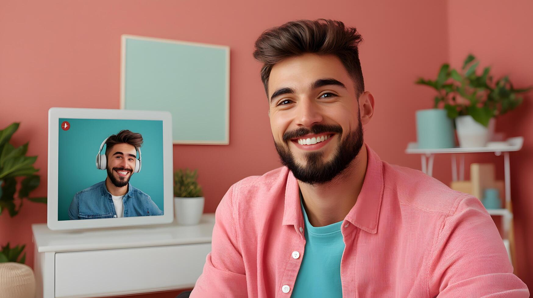 A smiling bearded man in a casual outfit sitting in a cozy minimalist home office while having a call on his laptop photo