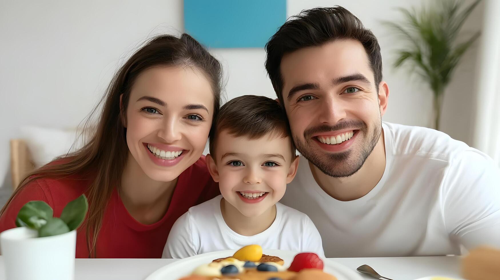 A smiling Caucasian family including a parent and child sharing a casual breakfast meal and enjoying time together in a cozy domestic setting photo