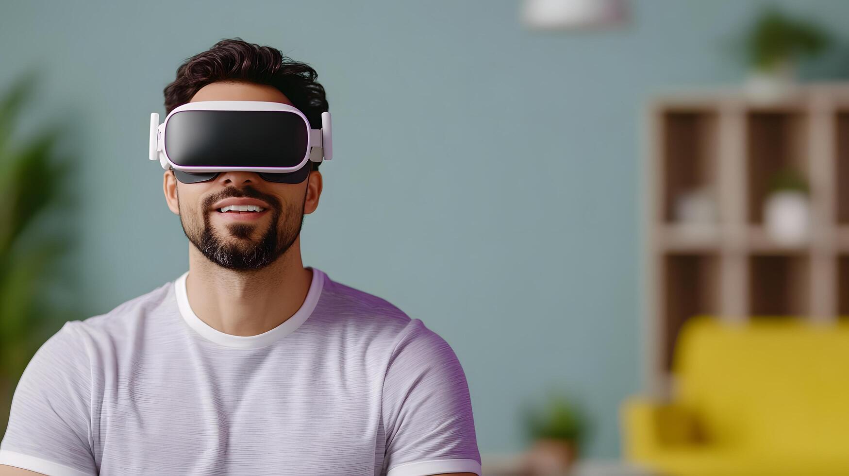 A man wearing a virtual reality headset while working in a contemporary and well designed office space exploring the potential of immersive technology in a professional setting photo