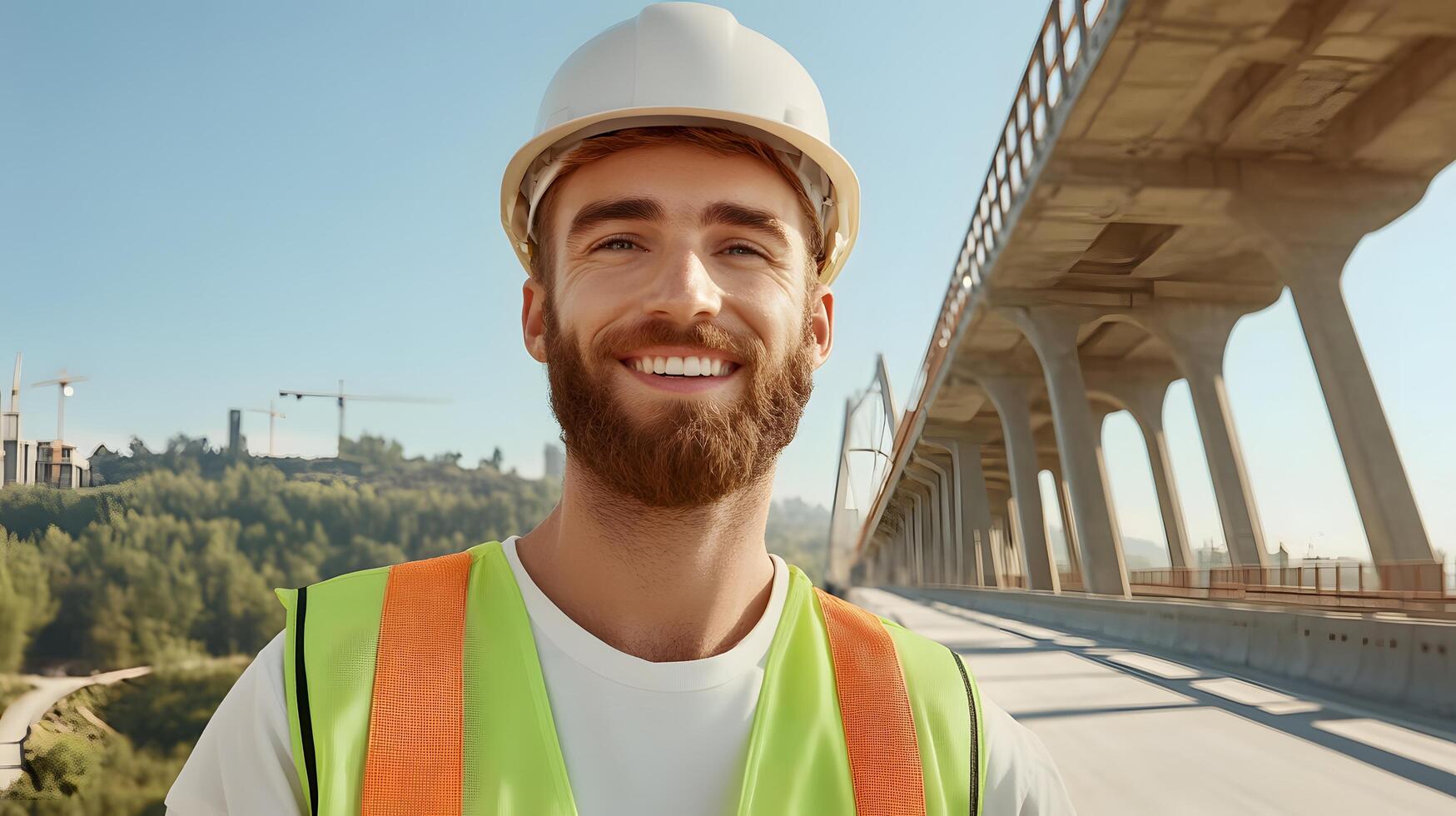 A hardhat wearing structural engineer inspecting a bridge smiling confidently as he examines the infrastructure during a maintenance project photo