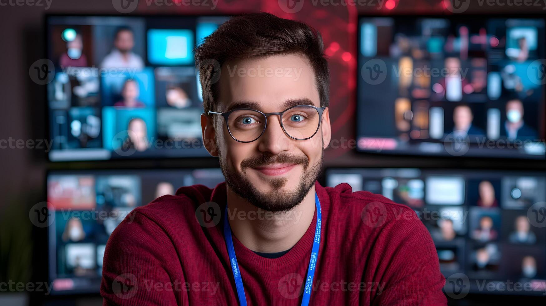 A smiling man in a red shirt wearing glasses is intently focused on monitoring digital systems and networks on multiple computer screens in a professional office setting photo