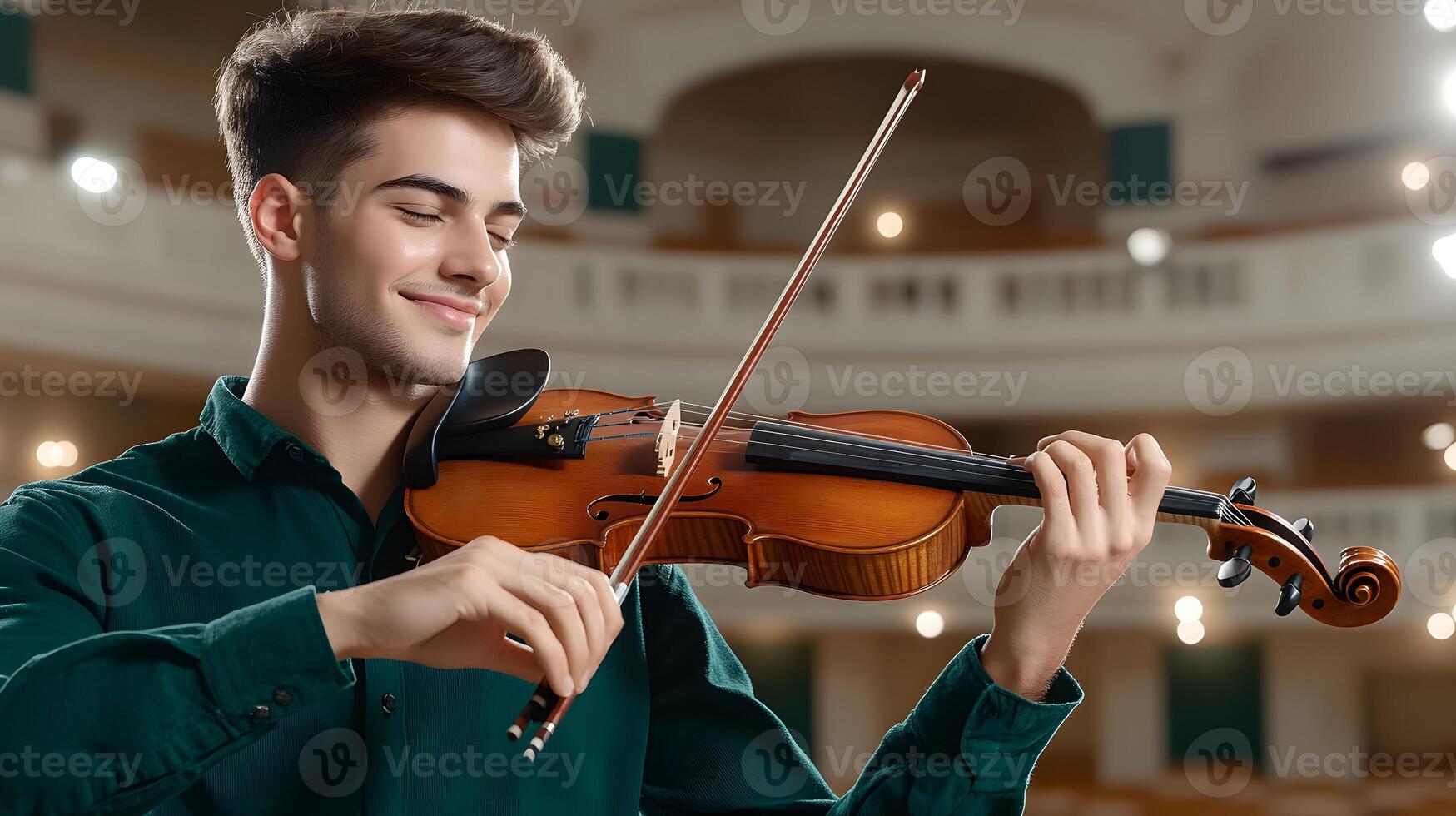 A skilled musician performing on stage in a grand concert hall captivating the audience with his mastery of the violin photo