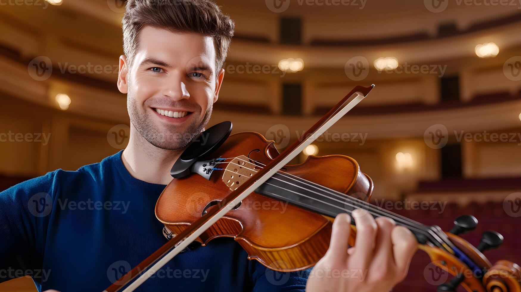 A skilled male violinist performing on stage in a grand concert hall playing his instrument with focus and passion photo