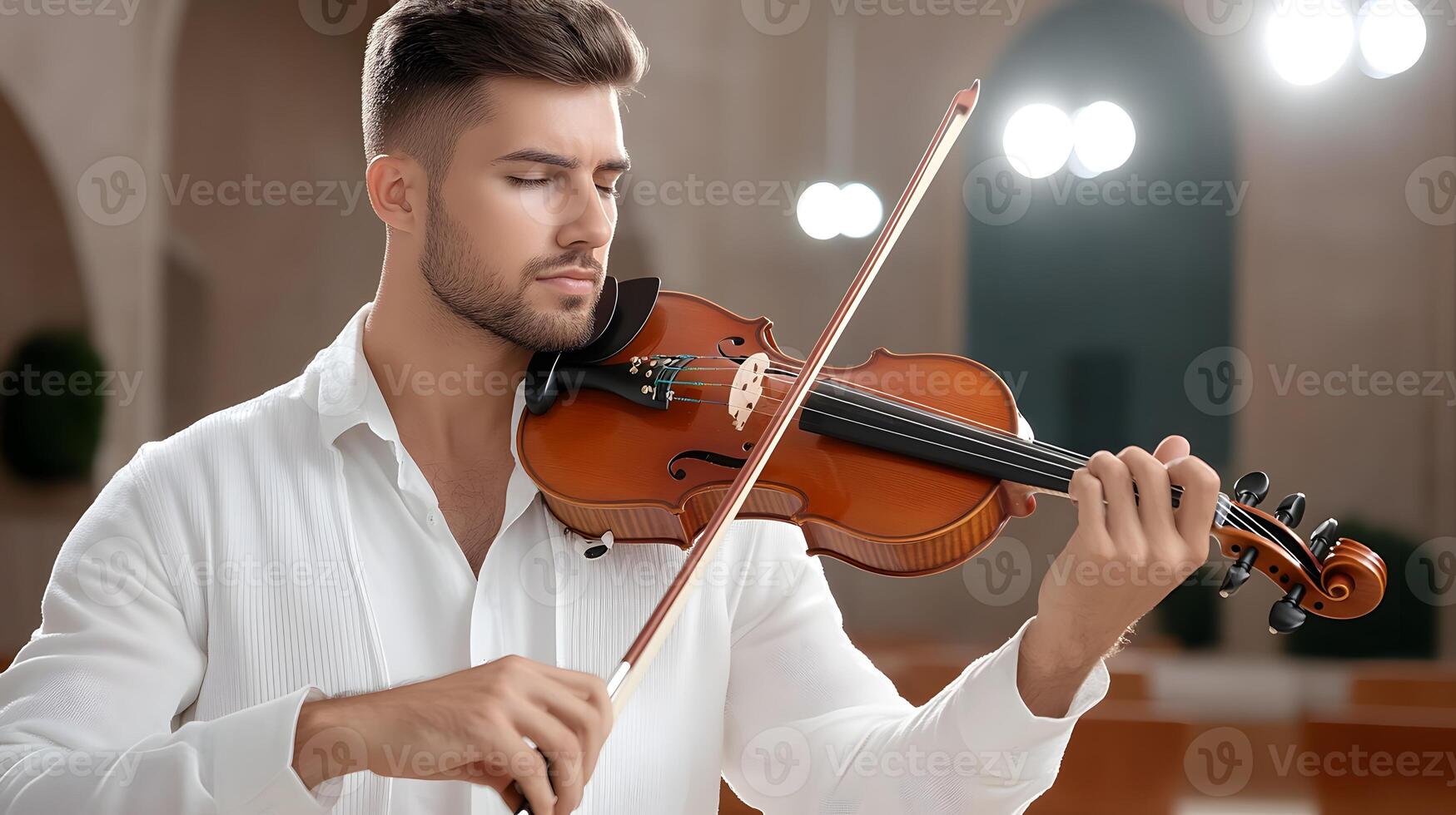A skilled violinist playing a captivating performance on stage showcasing their musical talent and in a classical concert setting photo