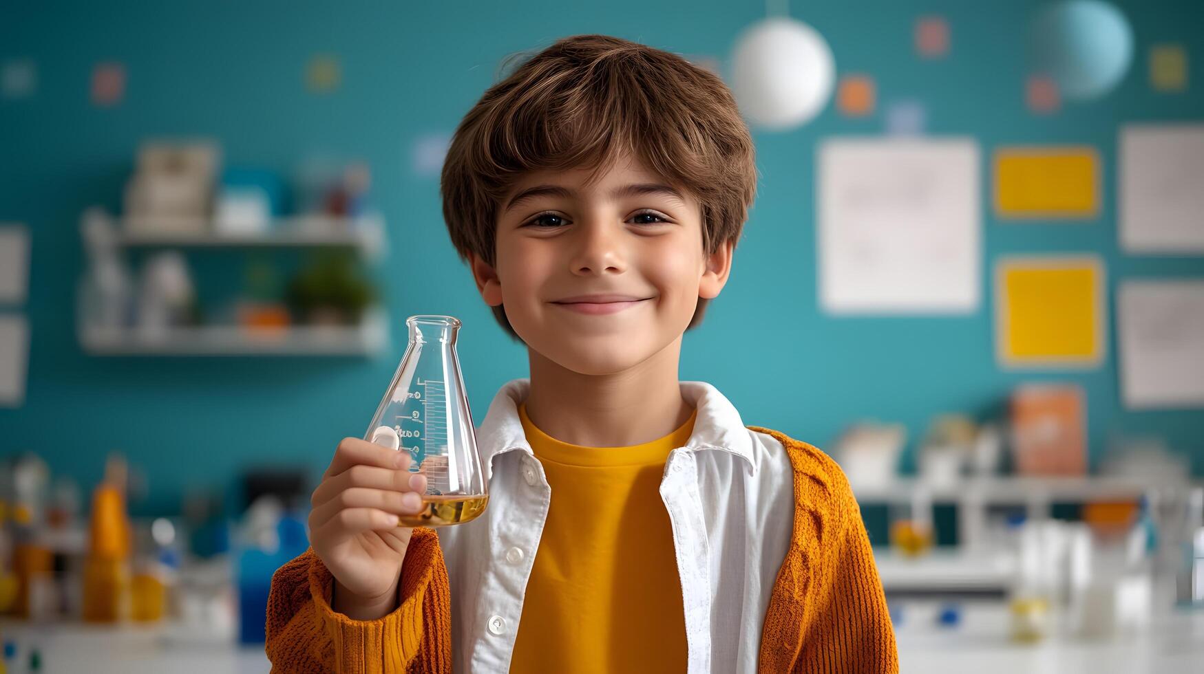 A young curious boy holding a glass beaker filled with a liquid experiment in a well equipped school science laboratory surrounded by scientific equipment and learning materials photo