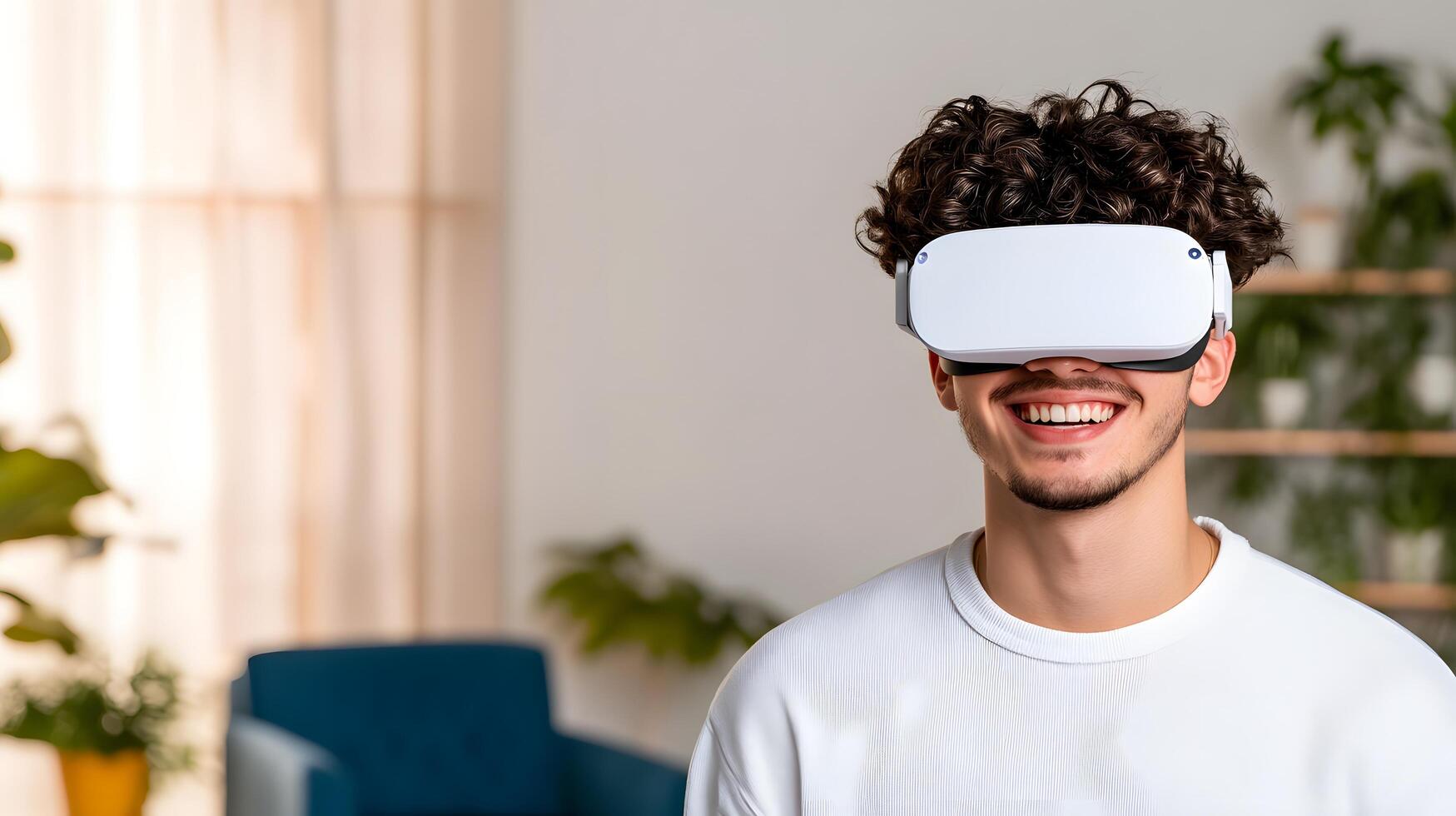 A young man wearing a virtual reality headset immersed in a digital gaming experience in a cozy well decorated indoor setting with natural light and greenery photo