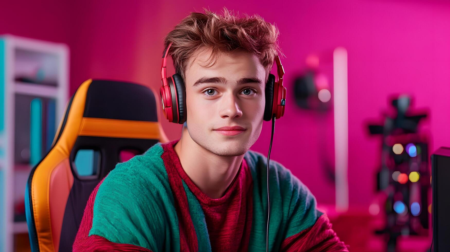 A young enthusiastic gamer intently streaming live from their well equipped bedroom gaming setup with intense focus and dedication photo