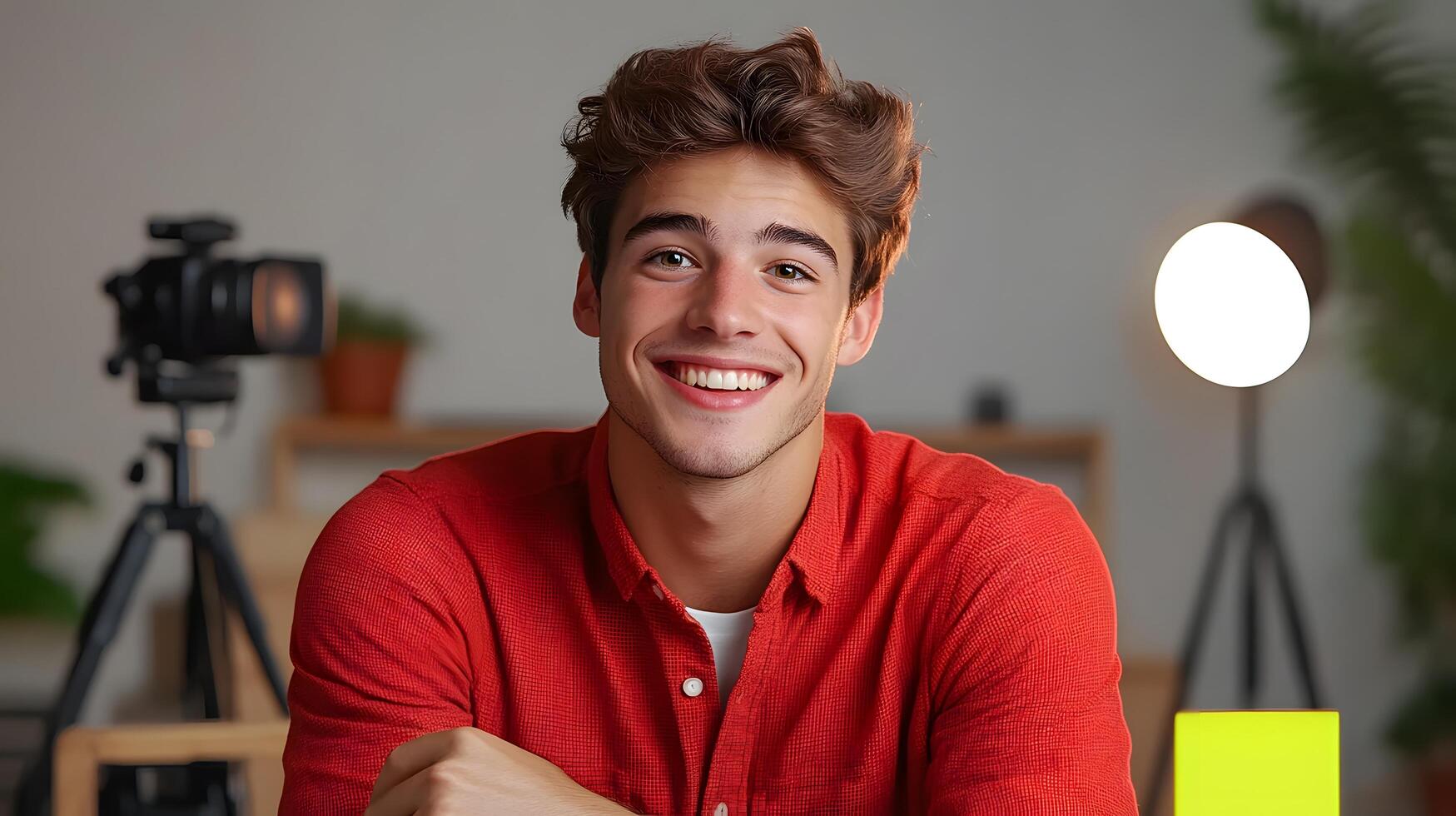 A young confident looking man in a red shirt smiling as he discusses a startup idea on a call in a professional studio setting photo