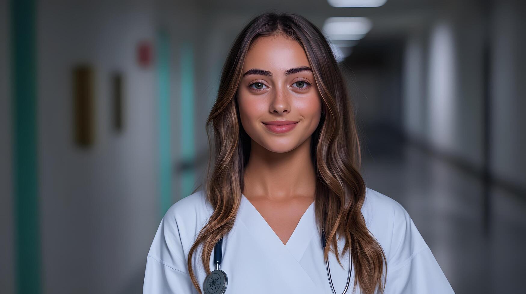 A young confident nurse stands in a hospital hallway projecting a professional and caring demeanor as she is ready to provide medical assistance and support to patients photo