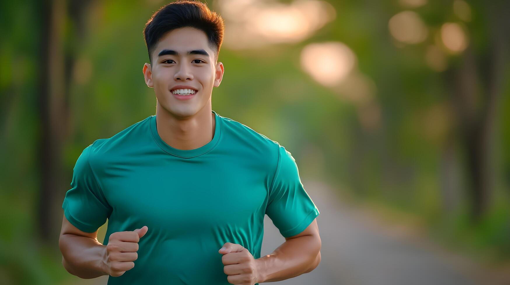 A young athletic man jogging along a path in an urban park as the sun sets surrounded by lush greenery and a peaceful atmosphere photo