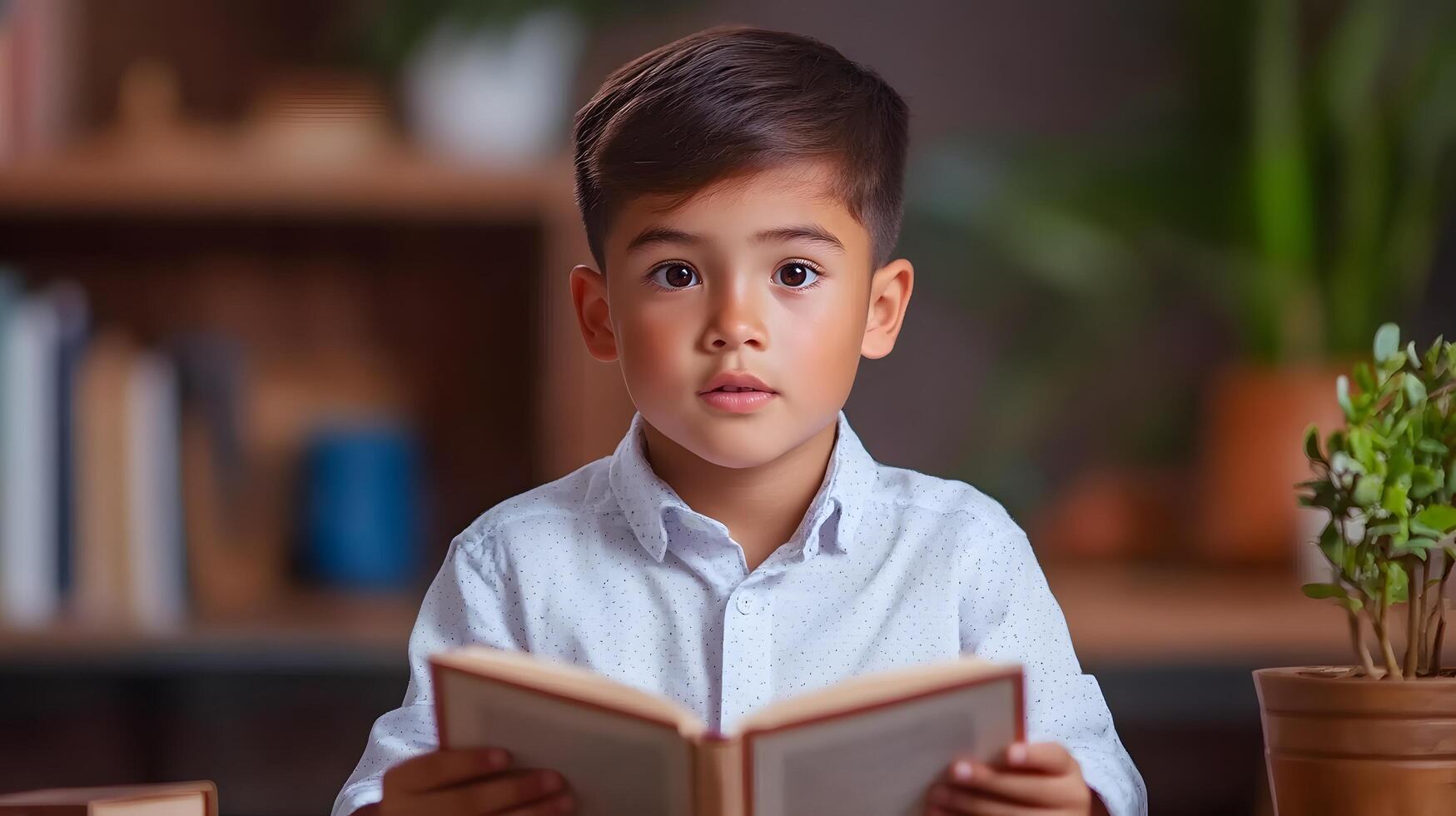 A young boy with a thoughtful inquisitive expression is deeply engaged in reading a book reflecting his dedication to learning and intellectual growth photo