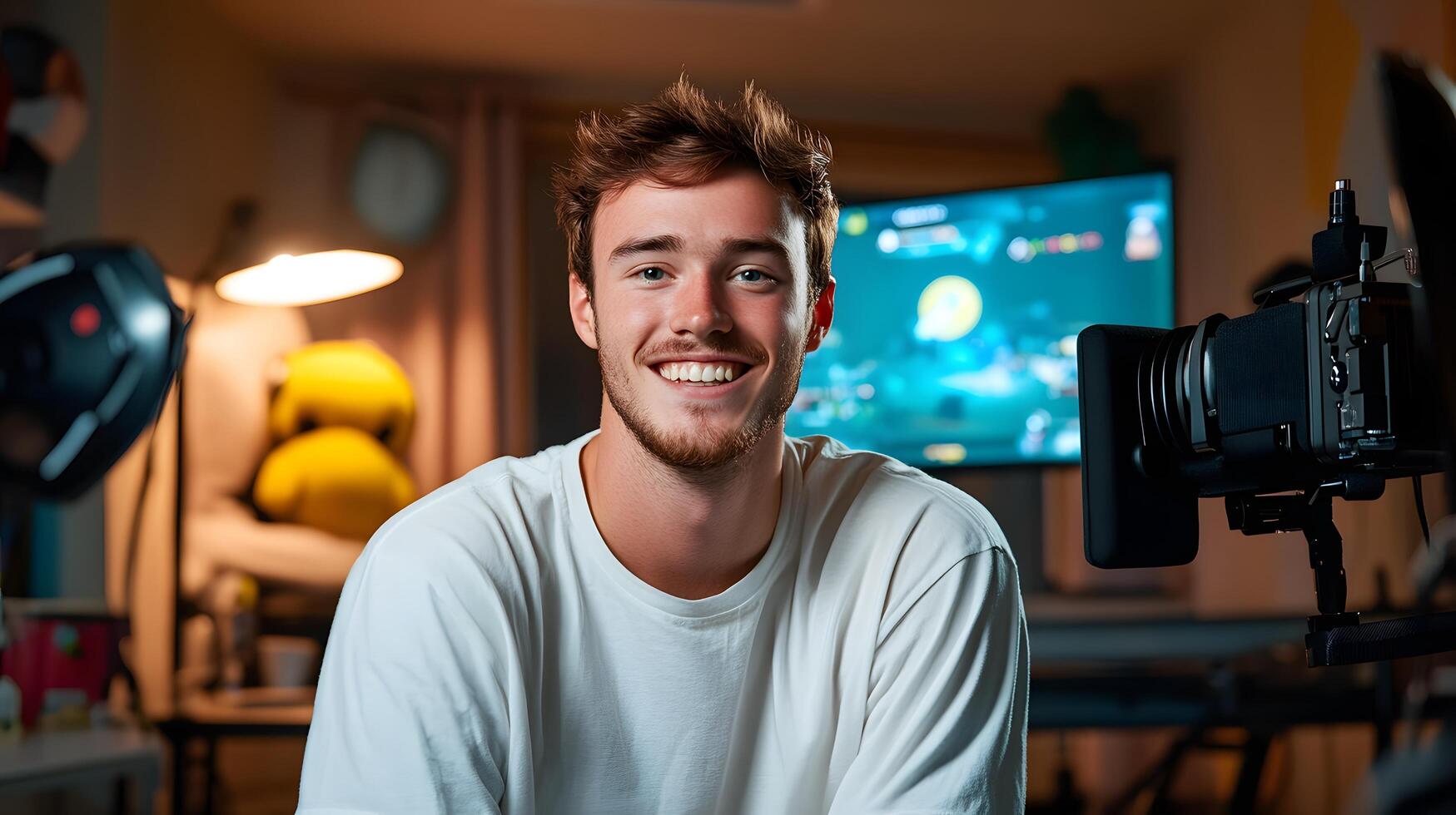 A young man with a friendly expression sits in front of a or streaming live content from his cozy bedroom setup surrounded by various electronic devices and equipment photo