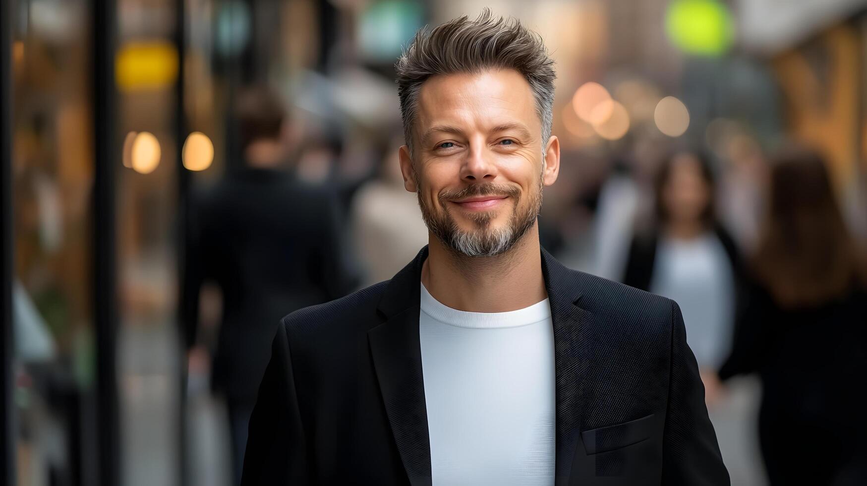 A well dressed business executive confidently strides through a bustling city street surrounded by the architecture and energy of the urban environment photo
