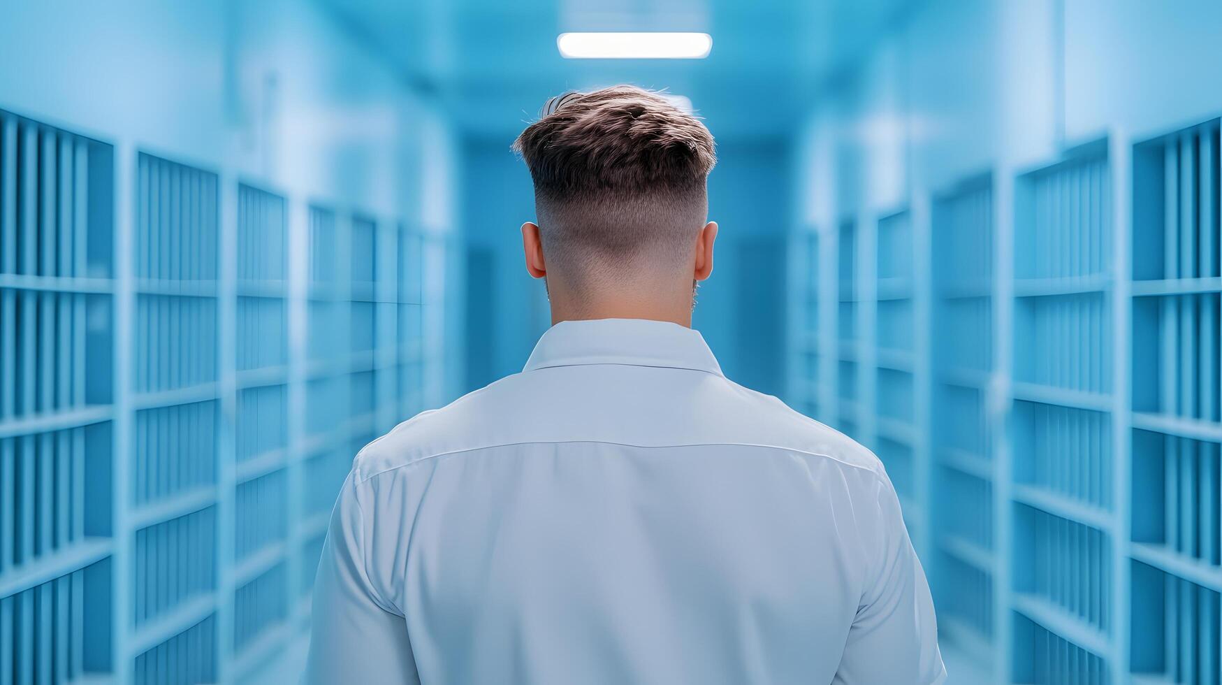 A uniformed security official walking through the corridor of a correctional facility overseeing the and maintaining order and safety within the institution photo