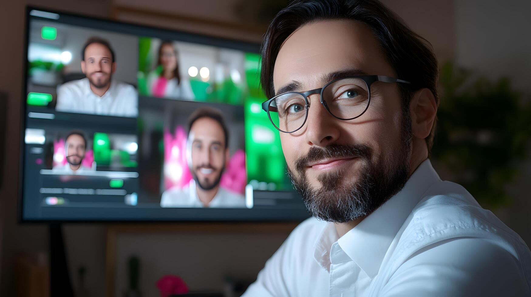 A tech startup CEO sitting in a modern well equipped office surrounded by multiple digital screens during a virtual team meeting or conference call photo
