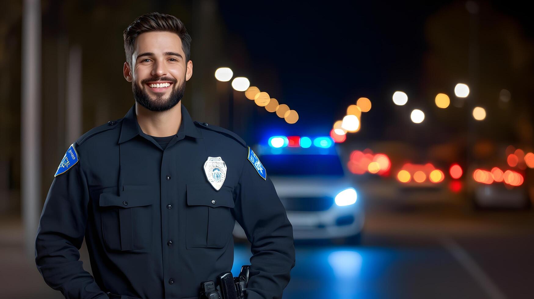 A uniformed police officer standing alert and focused near their patrol car with emergency lights on a city street at night photo