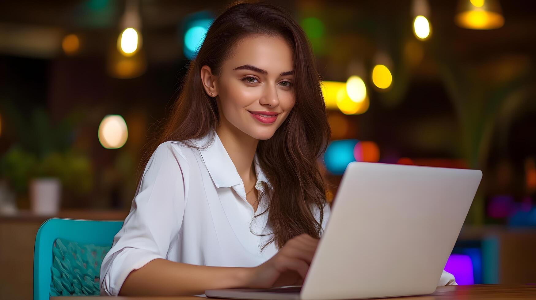 A young professional woman working diligently on her laptop in a cozy cafe setting surrounded by the warm ambiance of the space photo