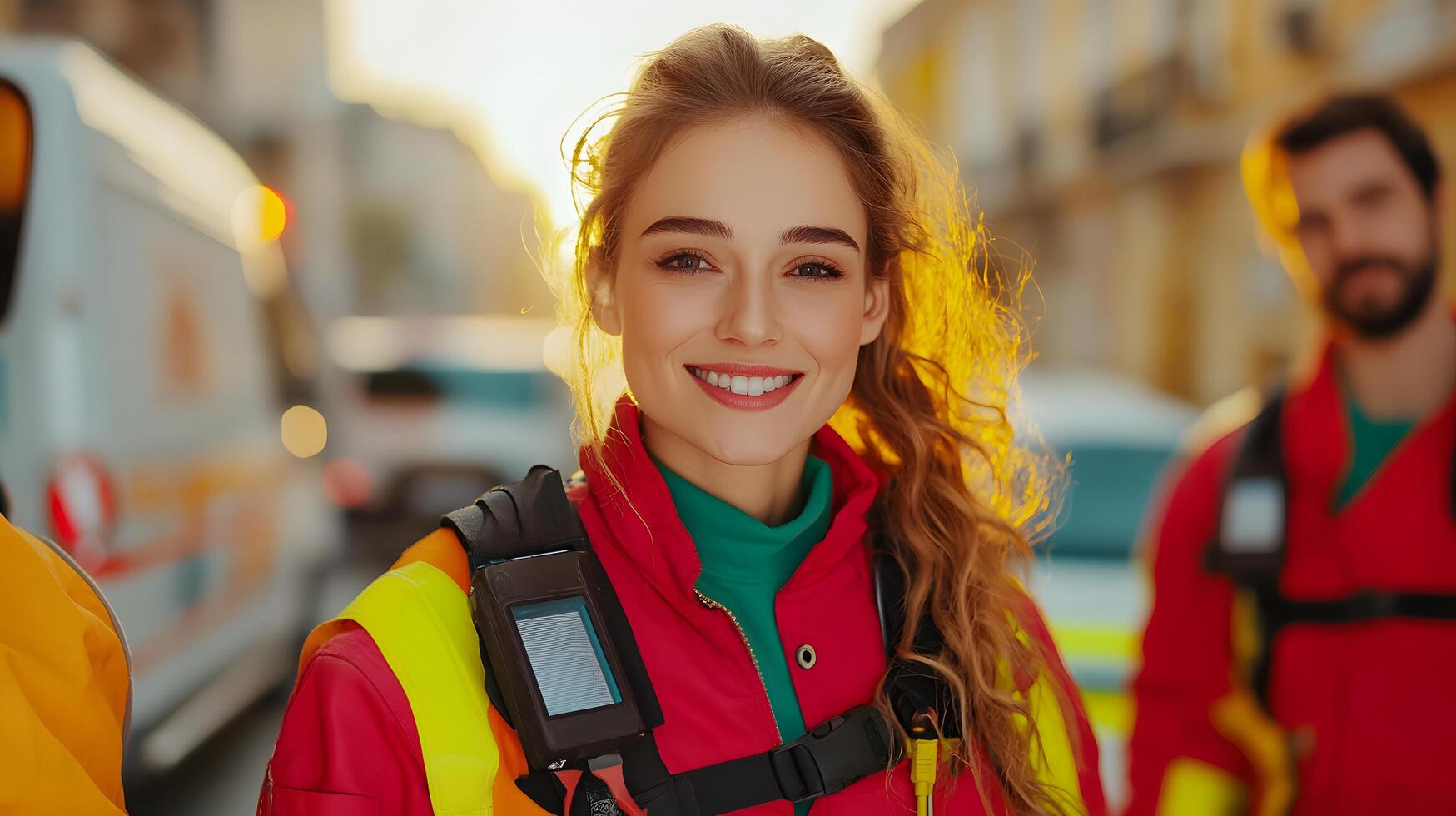 A young smiling female paramedic in uniform and safety gear responding to an emergency call on a city street photo