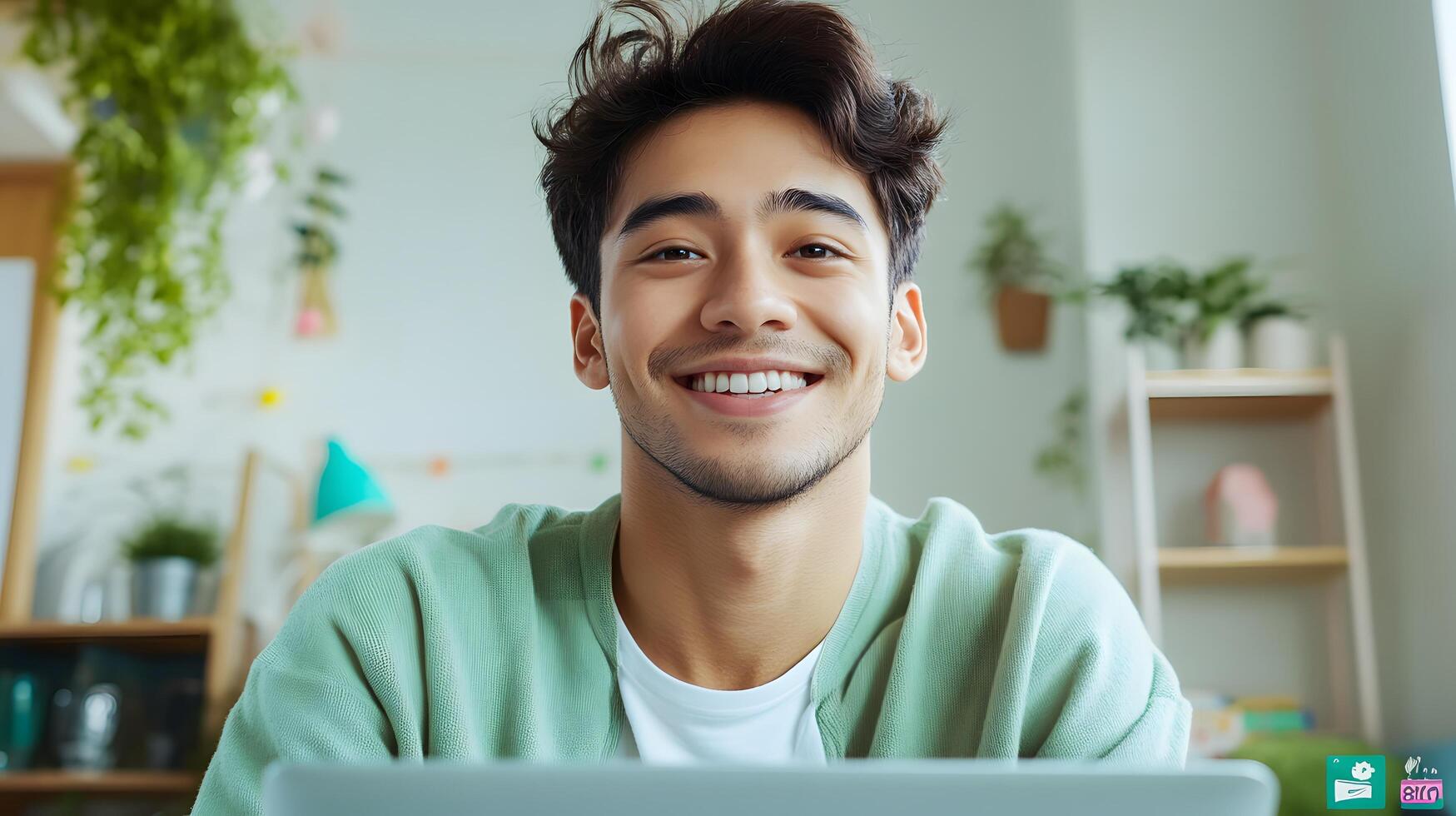 A young smiling man sitting in a comfortable home environment teaching a virtual class on his laptop while surrounded by bookshelves and greenery photo