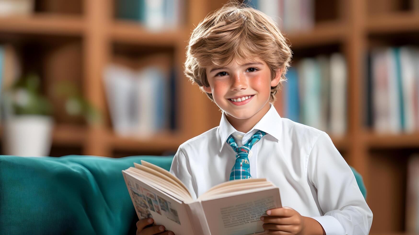 A young student in school uniform sitting in a library deeply engrossed in reading a book with a curious and enthusiastic expression on his face photo
