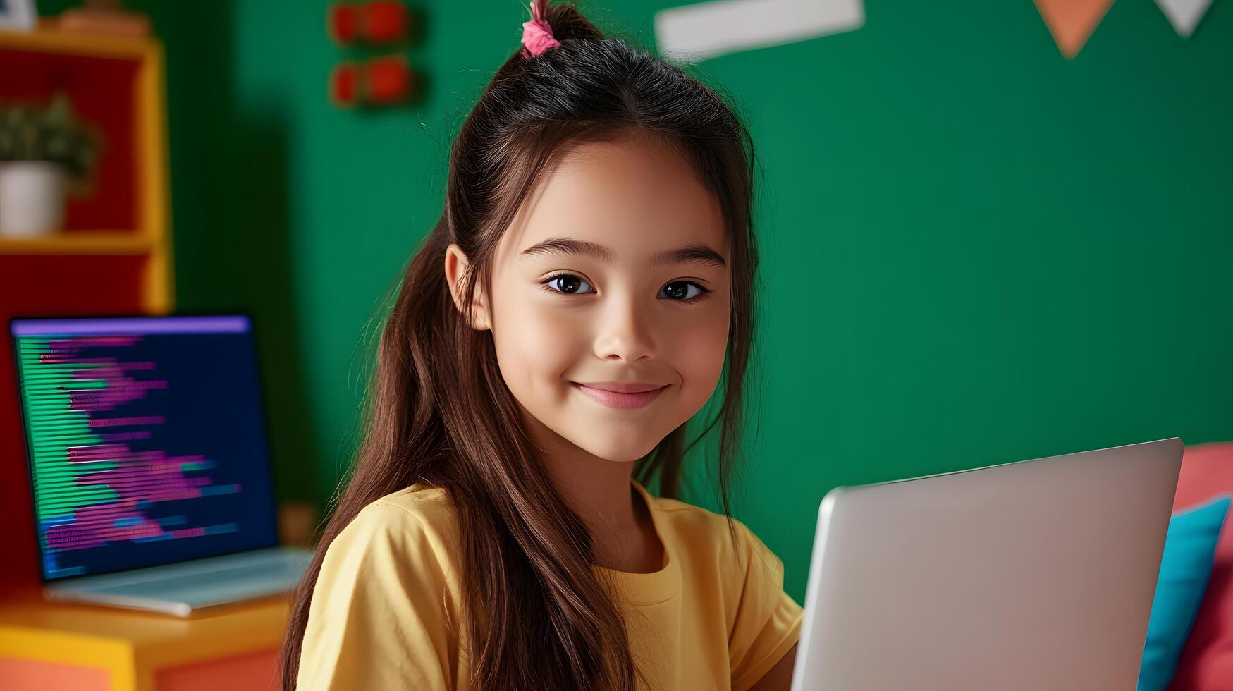 A young girl sits in her vibrant decorated bedroom intently focused on a laptop as she learns to code and develop her digital skills photo