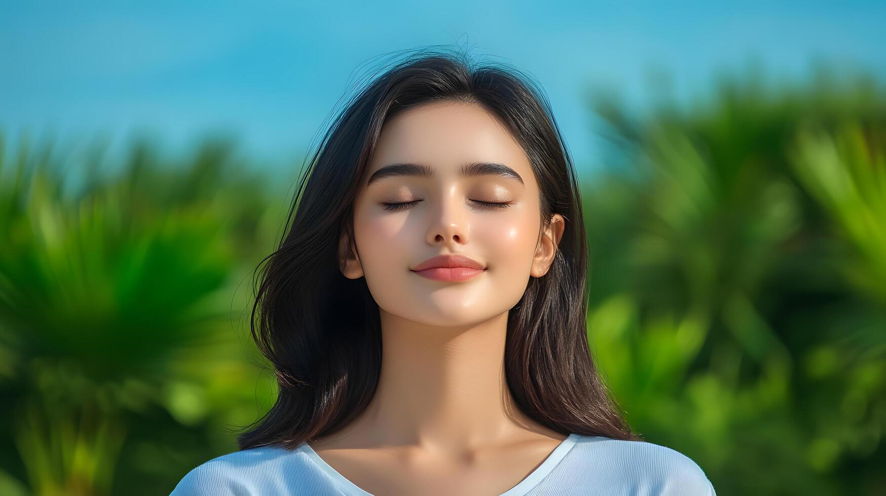 A woman with her eyes closed in a moment of tranquility immersed in the calming presence of nature and the fresh outdoor air around her photo