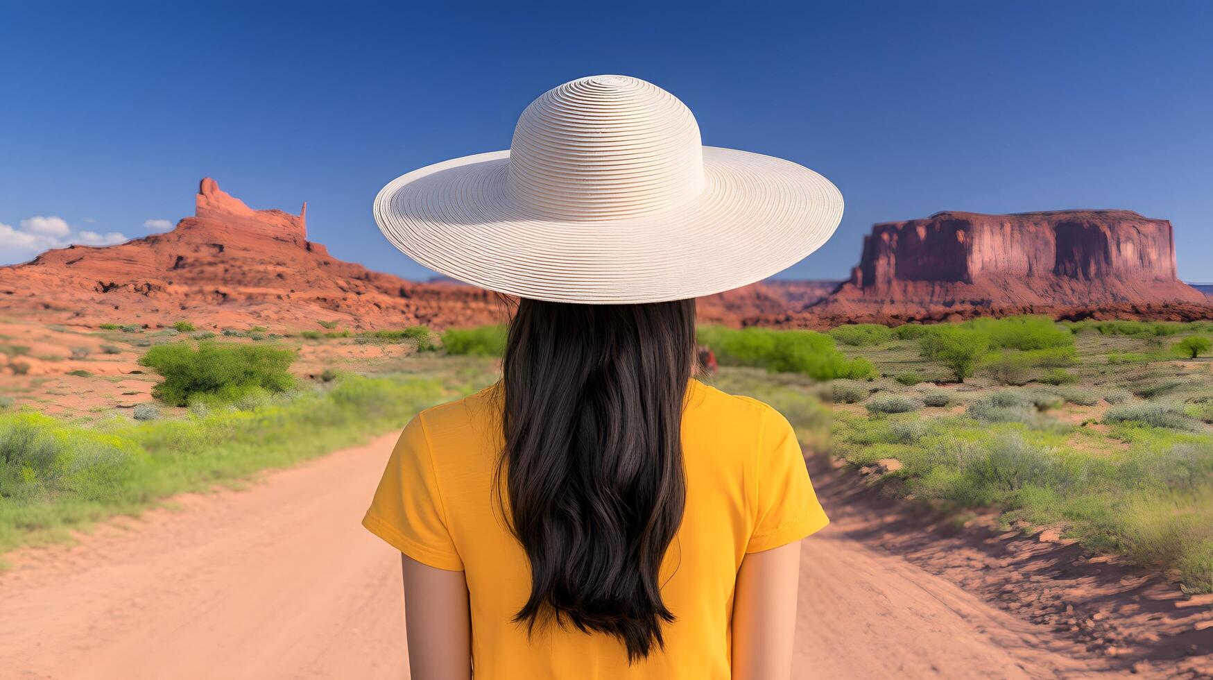 A woman in a yellow shirt stands in a vast arid desert landscape wearing a wide brimmed hat that shields her from the sun photo