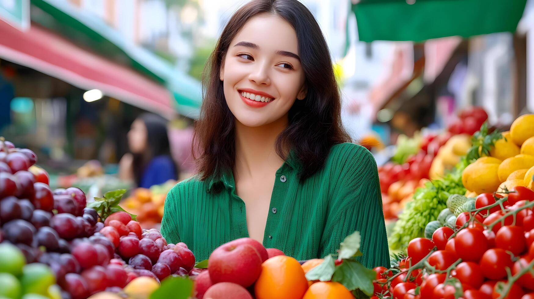 A young smiling woman browsing through an array of vibrant seasonal fruits and vegetables at a bustling outdoor market stall photo