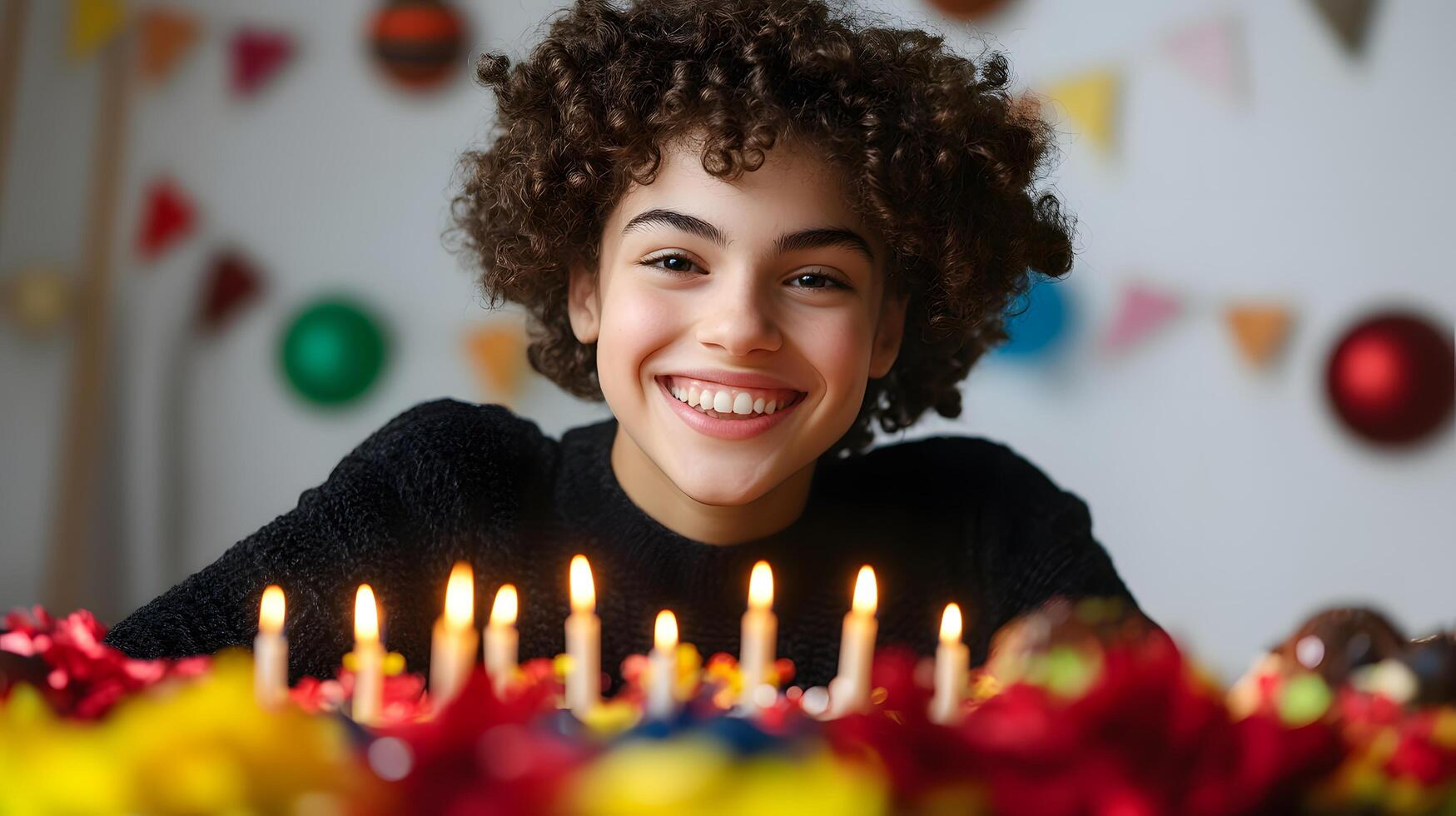 A smiling young woman with curly hair enthusiastically lighting a set of colorful candles surrounded by festive a cheerful and warm scene photo