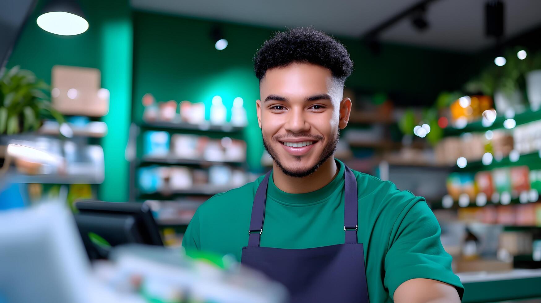 A store cashier wearing a green uniform is smiling and scanning items at the checkout counter while assisting a customer in a modern retail environment photo