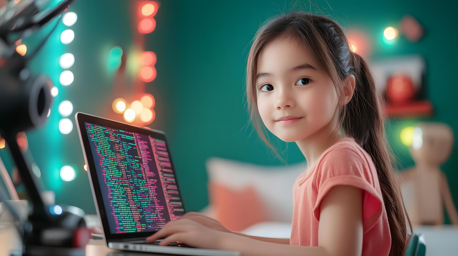 A young girl concentrating as she learns to code on a laptop in the cozy setting of her own bedroom surrounded by warm lighting and a sense of wonder and creativity photo