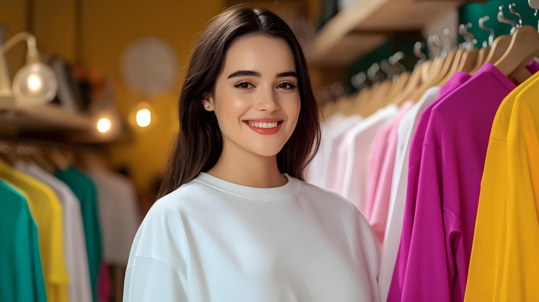 A smiling woman browsing through a variety of trendy and vibrant clothing options in a welcoming boutique setting photo