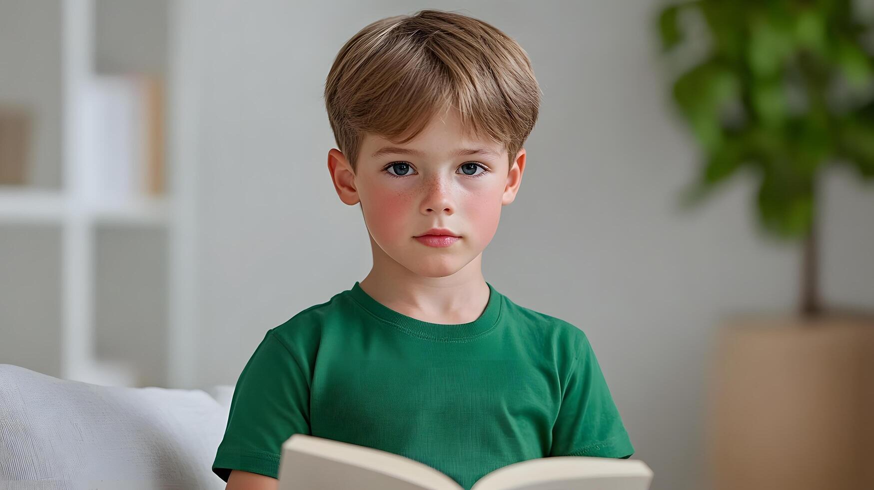 A young boy sits intently reading a book his face displaying a curious and thoughtful expression as he explores the world within the pages photo