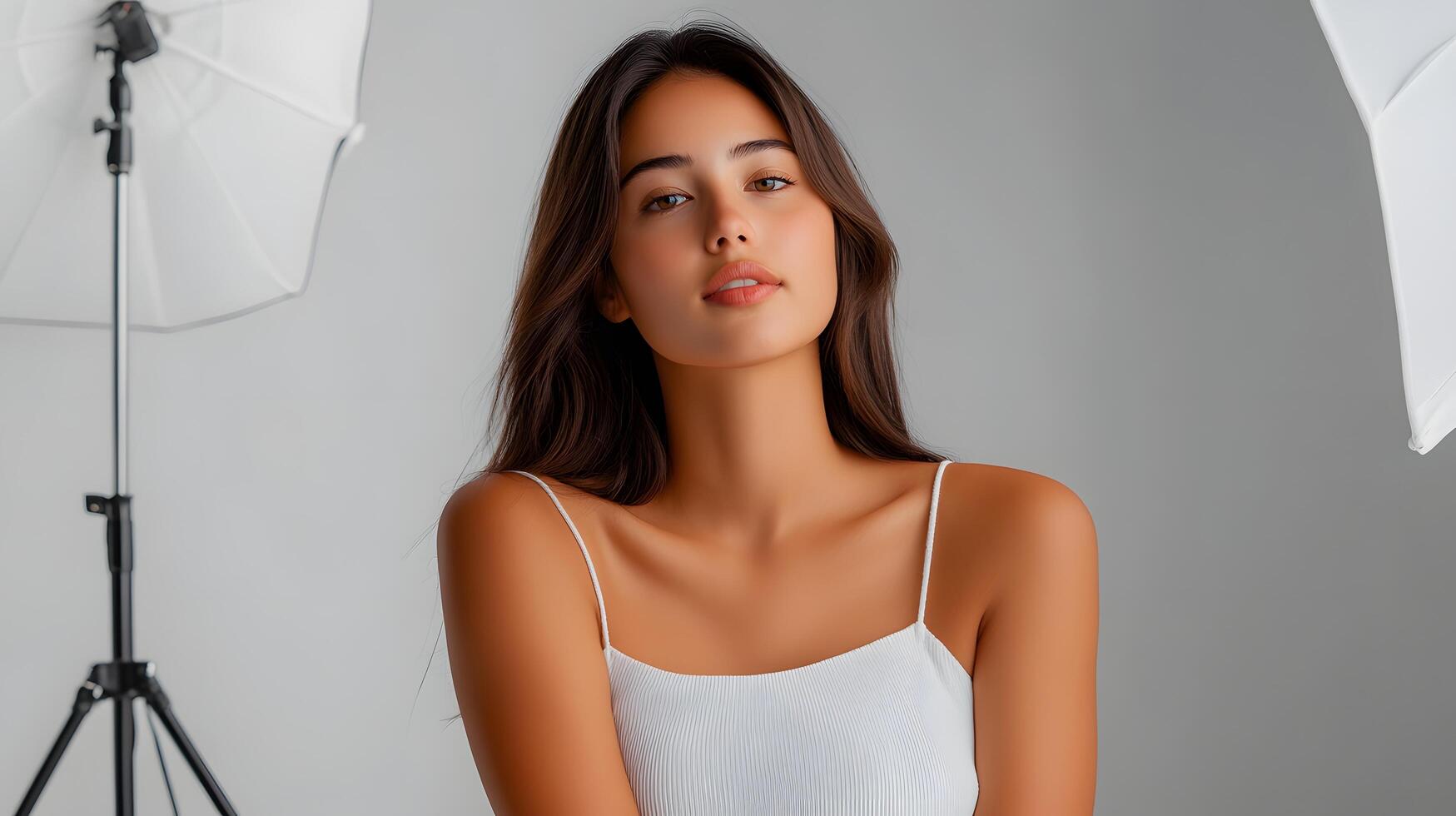 A stylish and captivating fashion model strikes a poised and serene pose in a simple minimalist studio setting exuding an aura of grace and sophistication photo