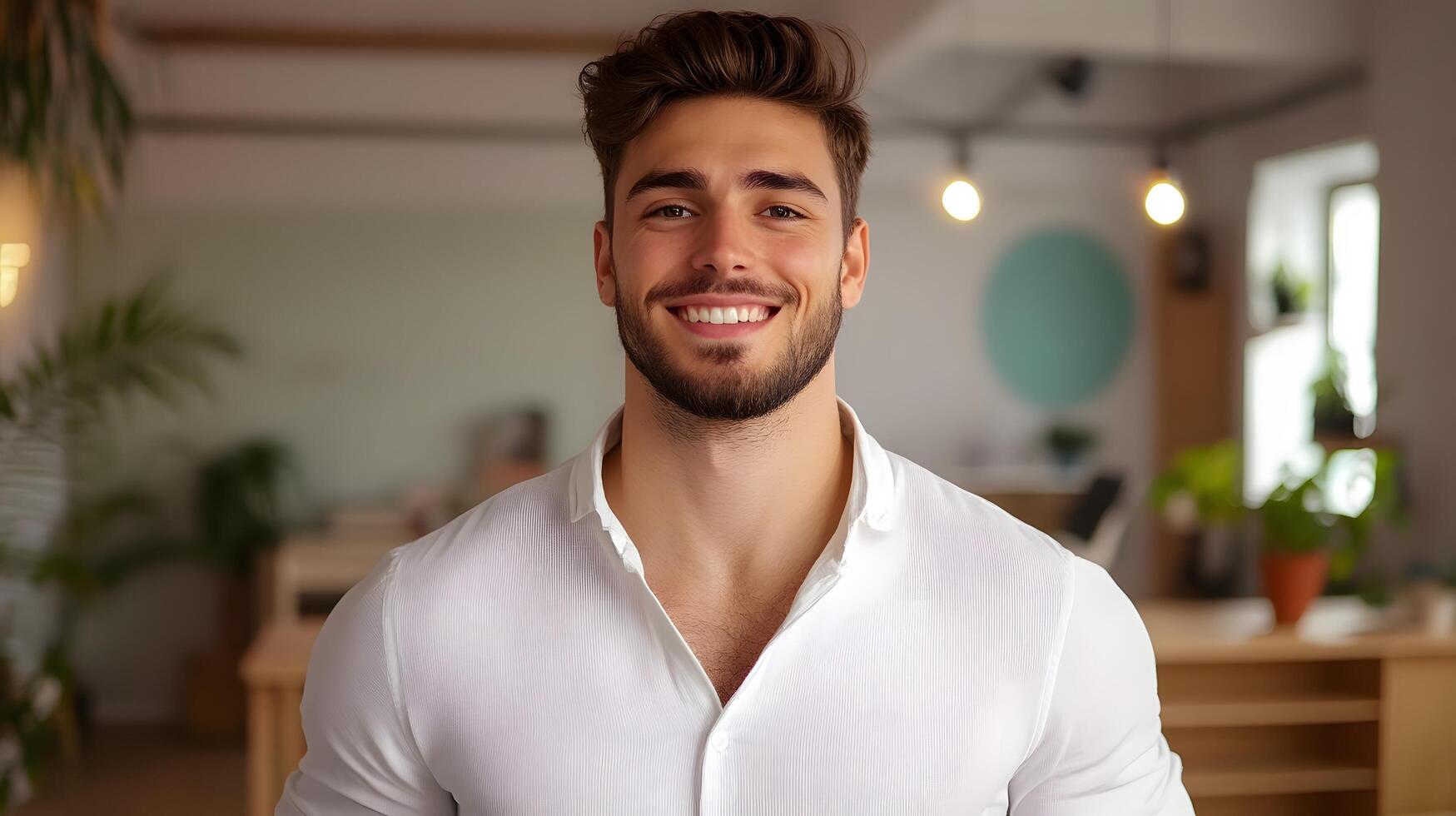 A young well dressed businessman stands confidently in a modern well lit office setting exuding a positive and professional demeanor photo