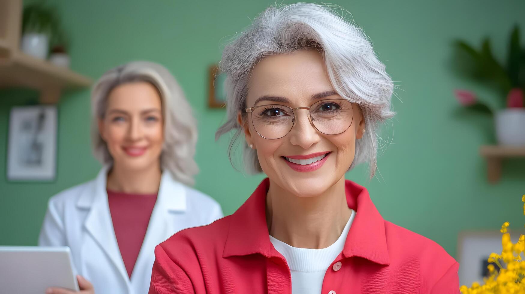 An elderly woman with glasses smiling warmly as she listens to and engages with a client during a personalized coaching or mentoring consultation in a cozy professional office setting photo