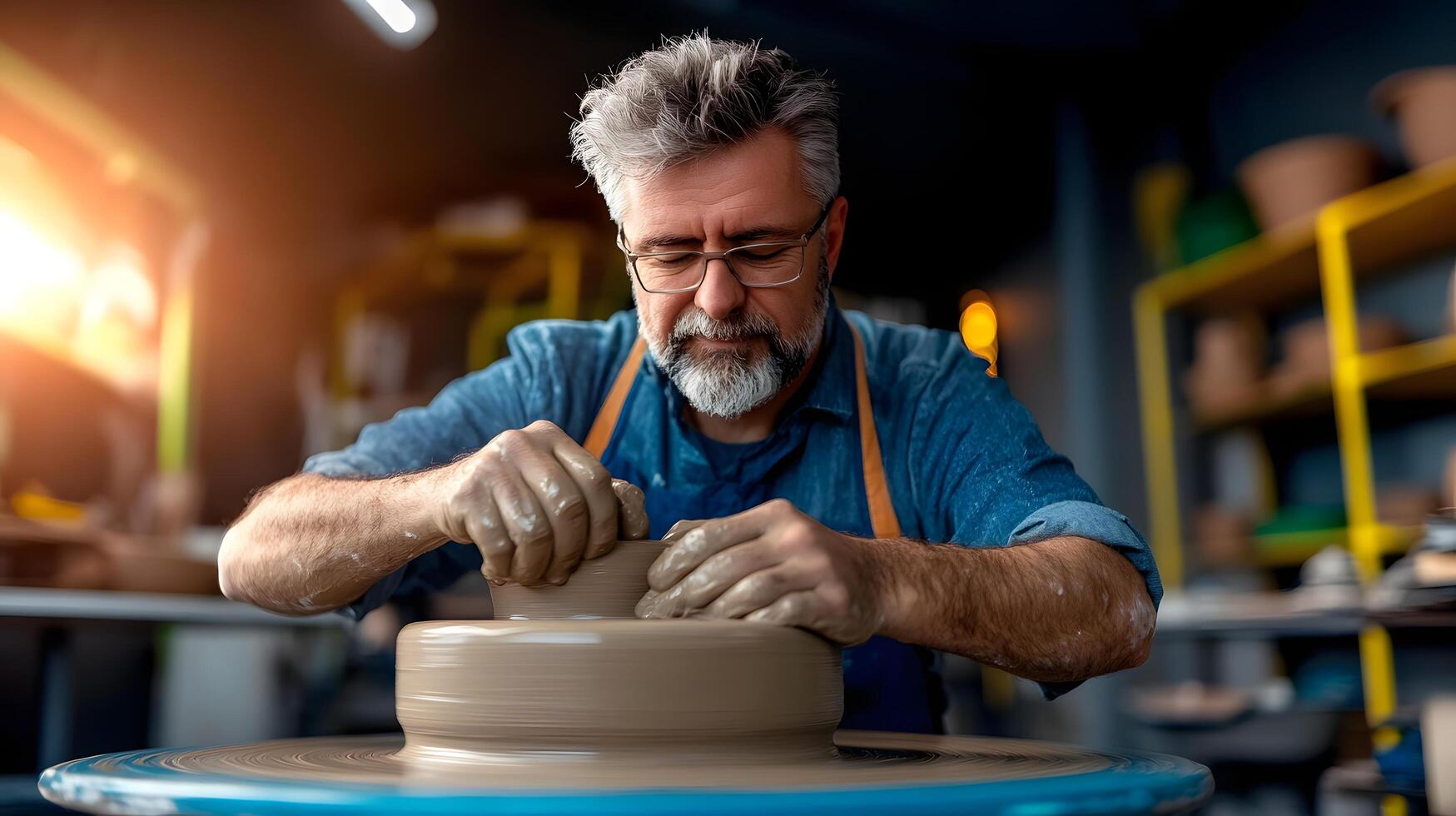 An experienced potter carefully molds and shapes clay on a spinning wheel showcasing his years of dedication and in the craft photo