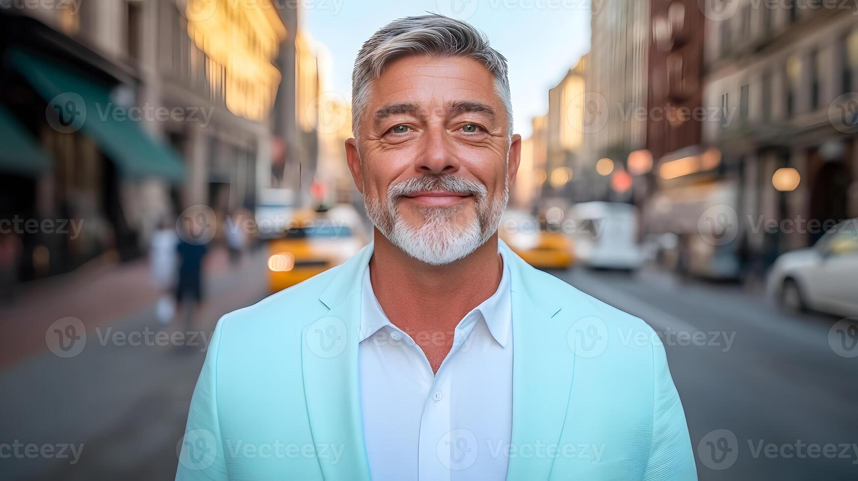 Confident mature businessman in a suit and tie walking confidently through a busy urban city street photo
