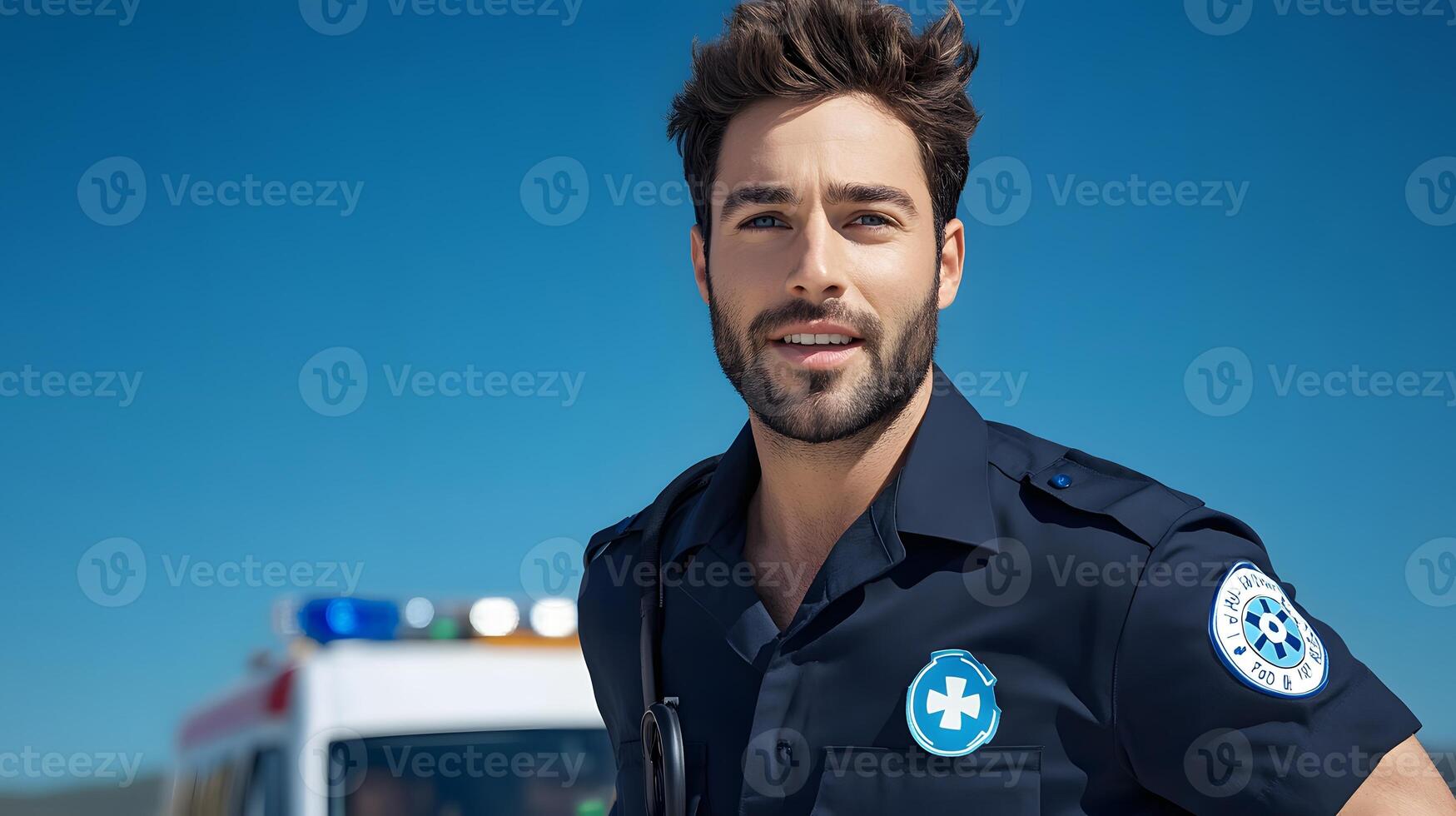 Determined paramedic in uniform hurrying to respond to an urgent medical emergency with the ambulance in the background photo