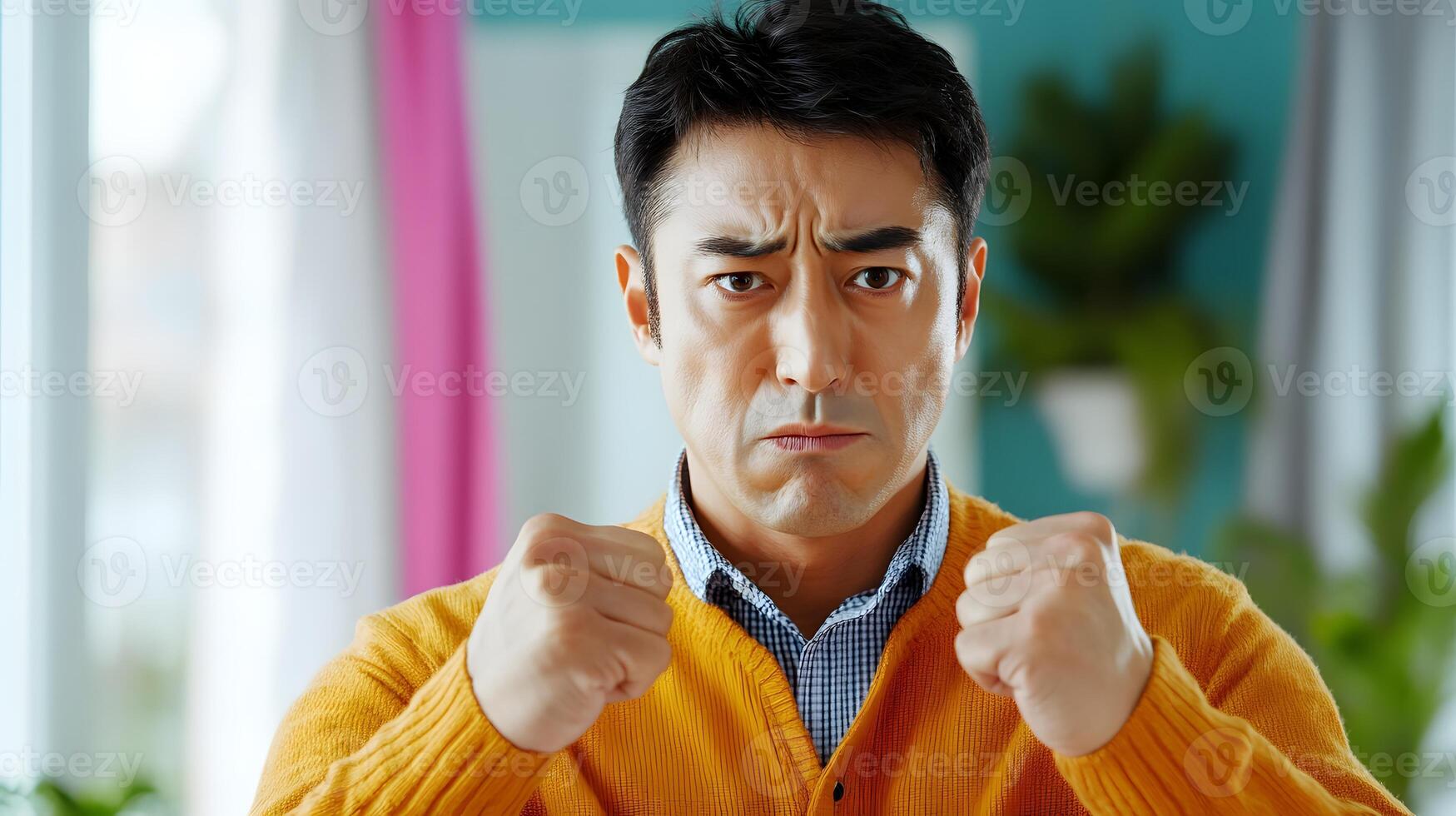 Close up portrait of an angry looking Asian man clenching his fists tightly displaying an intense and determined facial expression set against a colorful indoor background photo