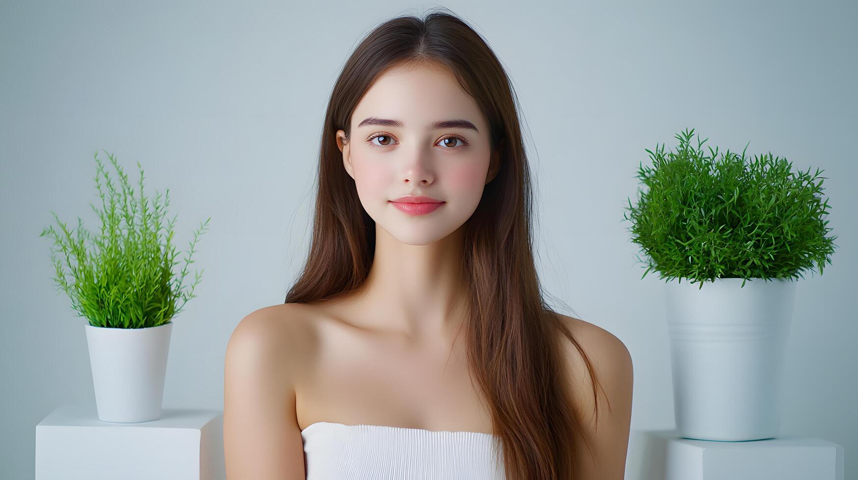 Beautiful young woman posing confidently in a minimalist studio setting surrounded by natural elements like potted plants for a fresh serene aesthetic photo