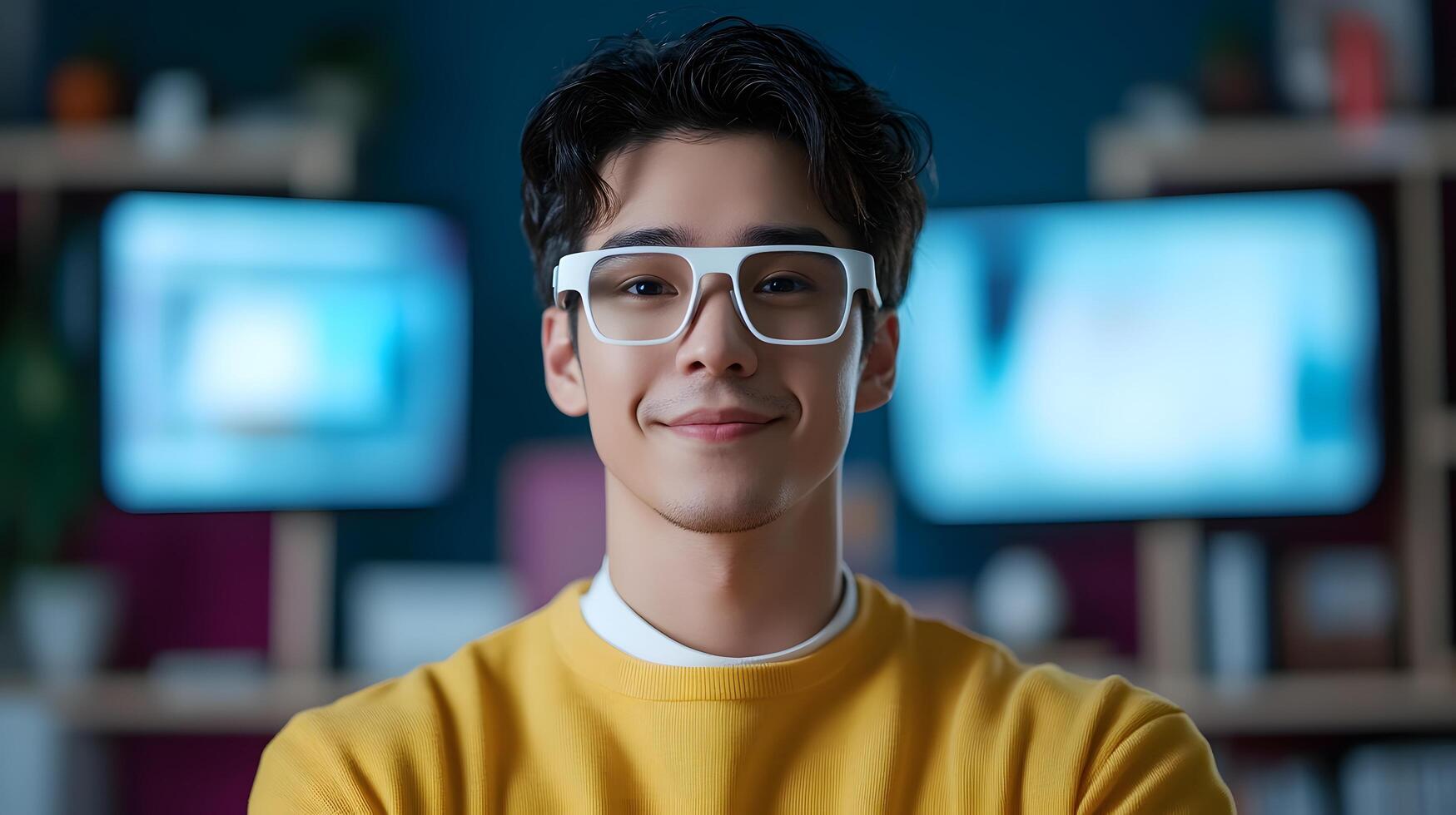 Confident young tech entrepreneur in a modern digitally equipped office surrounded by computer displays and technology representing innovation and leadership in the startup industry photo